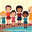 Group of diverse children holding hands around a water feature, symbolizing community