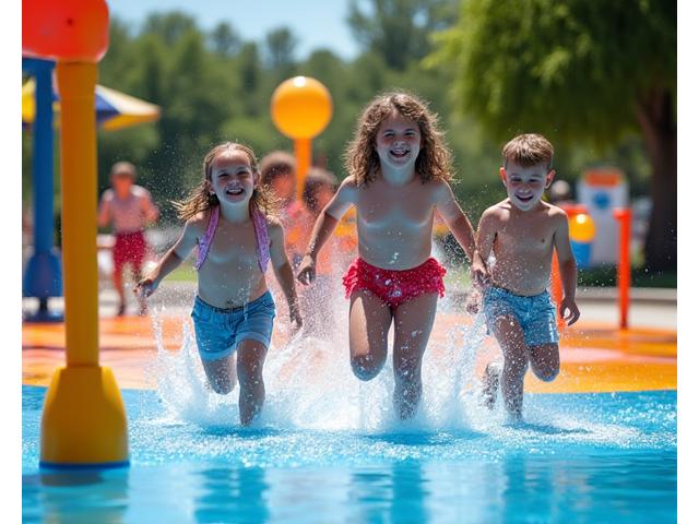 Children playing on a vibrant, imaginative splash pad with soft natural light.