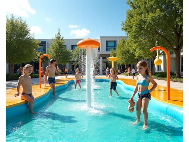 Vibrant custom splash pad at Maplewood Community Park with multiple water features and colorful soft surfacing.
