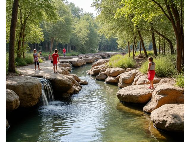 Eco-friendly water play area within a nature reserve, featuring natural rock elements and gentle water cascades.