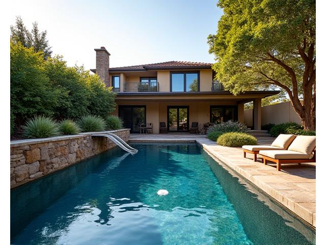 Before and after of a residential backyard transformed into a private aquatic oasis with a custom built-in slide and shallow splash zone.