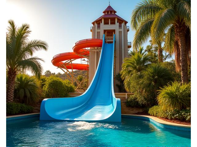 Luxury resort water park featuring a towering custom water slide with multiple twists and turns ending in a large pool.