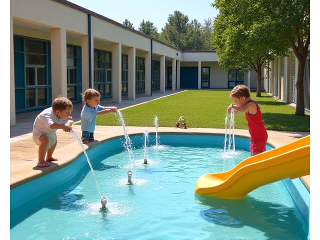 School playground with a compact yet engaging water play area featuring small fountains and a mini slide for younger children.