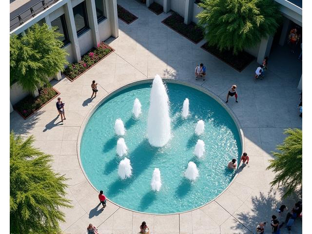 Aerial view of an urban plaza with a modern, artistic water feature designed for public interaction and cooling.