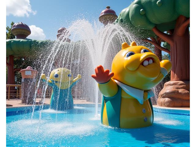Unique aquatic features like water cannons and themed fountains