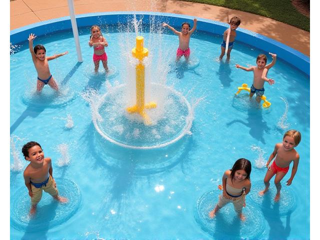 Kids enjoying an interactive splash pad with water jets