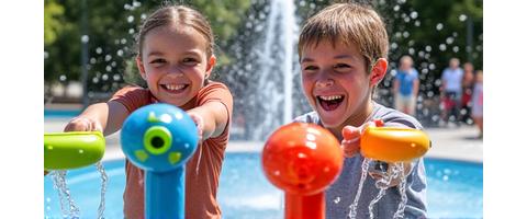 Children playing with water cannons on splash pad
