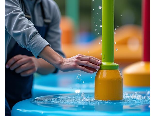 Technician performing maintenance on a splash pad feature