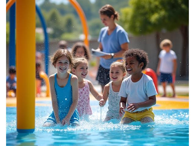 Children playing safely on a splash pad inspected for safety by AquaSprite Play