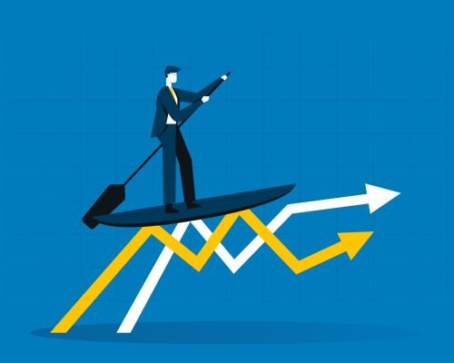 Businessman surfing financial stock graph. Riding stock graph waves on surfboard showing. Successful trader on peak of profitability. Business success concept. Flat vector illustration